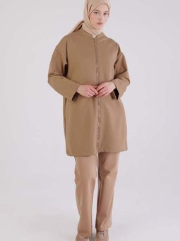Koyu Bej Fermuarlı Kolej Yakalı Ceket