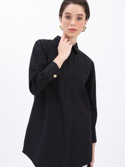 Siyah %100 Pamuk Cep Detaylı Gömlek Tunik