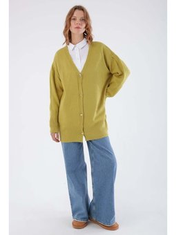 V Yaka Kalpli Düğmeli Triko Hırka Yeşil