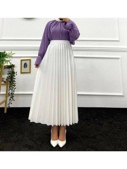 Beyaz Deri Görünümlü Piliseli Etek