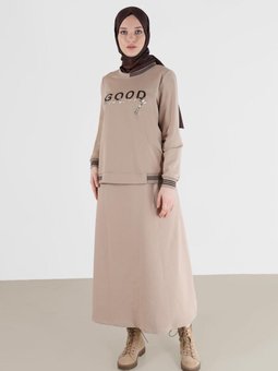 Yazı Baskılı Manşetleri Lastikli İkili Etekli Eşofman Takımı 42271