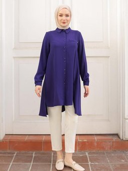 Trend Düğme Detaylı Tunik Morcivert