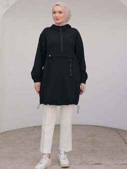 Trend Fermuar Detaylı Kapüşonlu Tunik Siyah