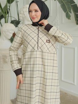 Trend Yarım Fermuarlı Kolları Ribanalı Tunik Bej 24kt416