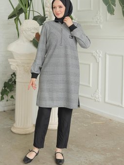Trend Yarım Fermuarlı Kolları Ribanalı Tunik Siyah 24kt416