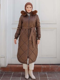 Armine Trend Yeni Sezon 2024 2025 Kapitone Detaylı Boydan Fermuarlı Kapüşonlu Kap