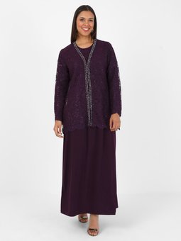 Taş İşlemeli Dantel Büyük Beden Mürdüm Abiye Elbise İkili Takım