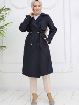 Bel Ve Kol Kemerli Çizgili Trençkot Lacivert 61646
