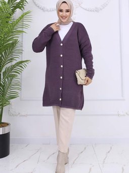 Düğme Detaylı Fitilli Hırka Mürdüm 3091