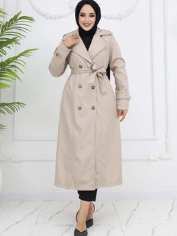 Düğme Detaylı Trençkot Taş Rengi 1251