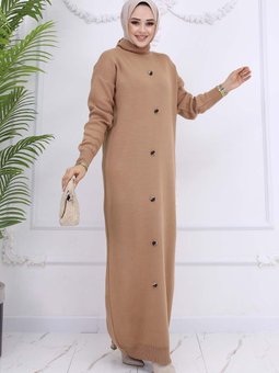 Düğme Detaylı Triko Elbise Vizon 7015