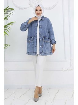 Taş İşlemeli Cepli Kot Mavi Ceket