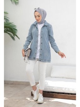 Taş İşlemeli Kot Ceket Mavi