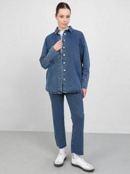 Geniş Manşetli Kot Mavi Gömlek