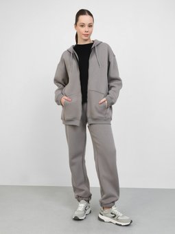 Şardonlu Kapüşonlu Fermuarlı Oversize Gri Ceket