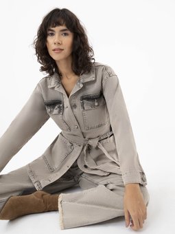 Yıkamalı Cep Detaylı Denim Gri Ceket