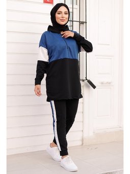 Saks Mavisi Çift Renkli Kapüşonlu Fermuar Detay Tunik Pantolon İkili Takım