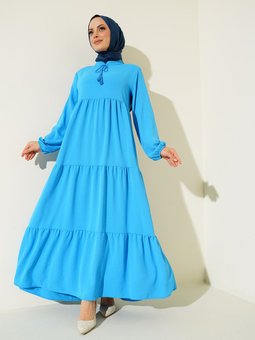 1627 Yaka Bağcıklı Elbise C.mavi