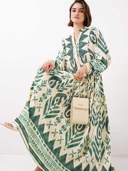 2423 Otantik Desenli Elbise B.yeşil