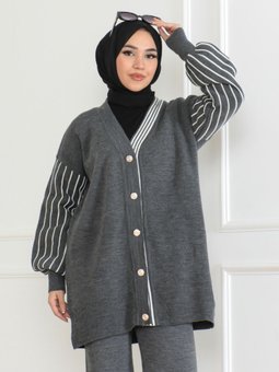 Brc2444gri Ribana Detaylı Önden Düğmeli Triko Takım