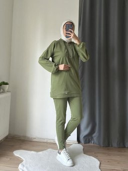 Neon Fermuarlı Kapüşonlu Eşofman Takımı Trn2040 1 Haki