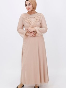 Altın İnci Detaylı Tül Abiye Elbise