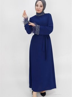 Lacivert Krep Kumaş Yakası Ve Bileği Taş Detaylı Abiye Elbise