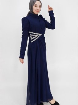 Lacivert Şifon Kumaş Beli Taş Detaylı Abiye Elbise
