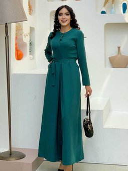 Göğüs Kısmı Gizli Düğme Detaylı Bel Kuşaklı Tulum 3676 Zümrüt Yeşili