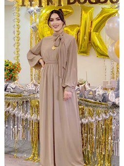 Kol Ve Yaka Pilise Detaylı Bel Kuşaklı Şifon Tulum 3507 Vizon