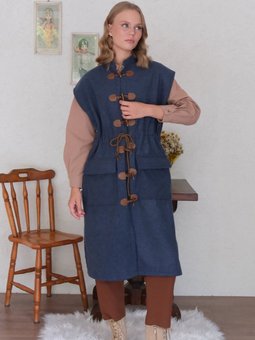 Uzun Kaşe Vintage Lacivert Yelek