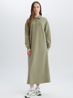 Basic Düz Düğmeli Uzun Kollu Selanik Kumaş Maxi Triko Elbise B7260ax24wn