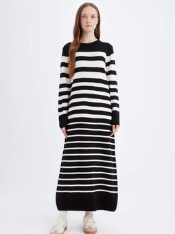 Regular Fit Çizgili Uzun Kollu Maxi Triko Elbise 3113786