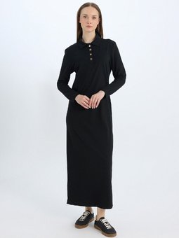 Regular Fit Yaka Basic Düz Uzun Kollu Pike Maxi Gömlek Elbise 3197196