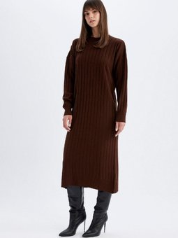 Regular Fit Yarım Balıkçı Yaka Basic Düz Uzun Kollu Triko Elbise W0986az24wn