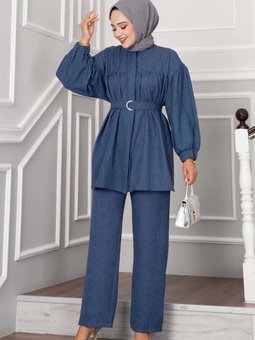 Balon Kollu Boydan Düğmeli Keten İkili Takım