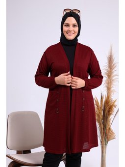 Kadin Buyuk Beden Metal Tokalı Petek Bordo Hırka