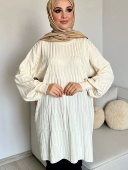 Ekru Kendinden Desenli Bisiklet Yaka Triko Tunik