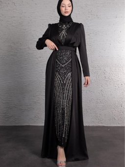 İçi Motifli Mini Boncuk İşlemeli Abiye Elbise Siyah