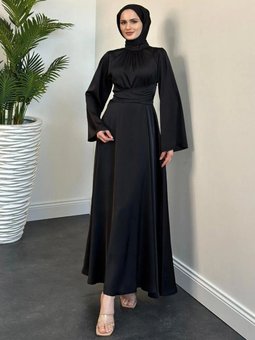 İspanyol Kol Beli Dolamalı Saten Abiye Elbise