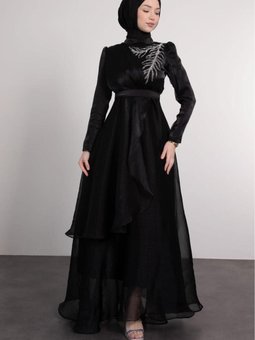 Yaprak Desen Taş İşleme Abiye Elbise Siyah