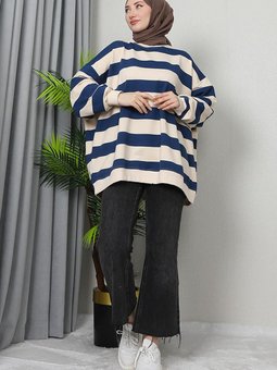 Oversize Çizgi Detay Sweat Lacivert