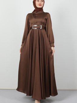 Önü Pileli Abiye Elbise Kahve
