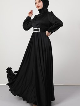 Önü Pileli Abiye Elbise Siyah