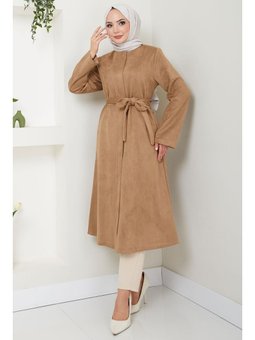 Fermuarlı Kuşaklı Süet Camel Kap