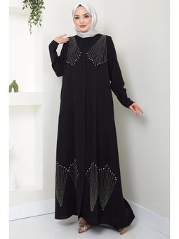 Kristal Taş İşlemeli Siyah Ferace