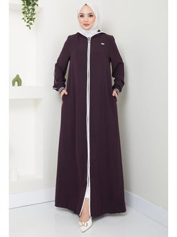 Şeritli Biye Detaylı Mürdüm Ferace