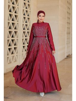 Büyük Beden Yaren Saten Abiye Elbise Bordo