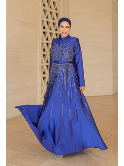 Büyük Beden Yaren Saten Abiye Elbise Saks Mavisi