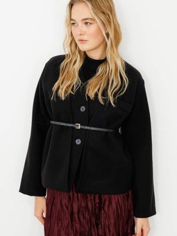 Trocape Yakasız Siyah Kaşe Ceket